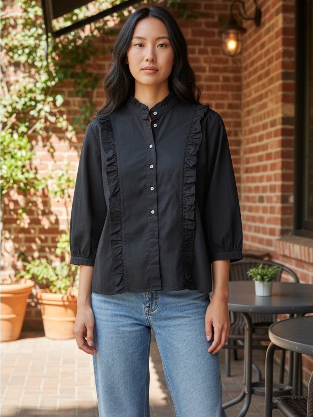 Manila Grace Poplin Ruffle Collar Button Front Cropped Sleeve Cotton Blouse
